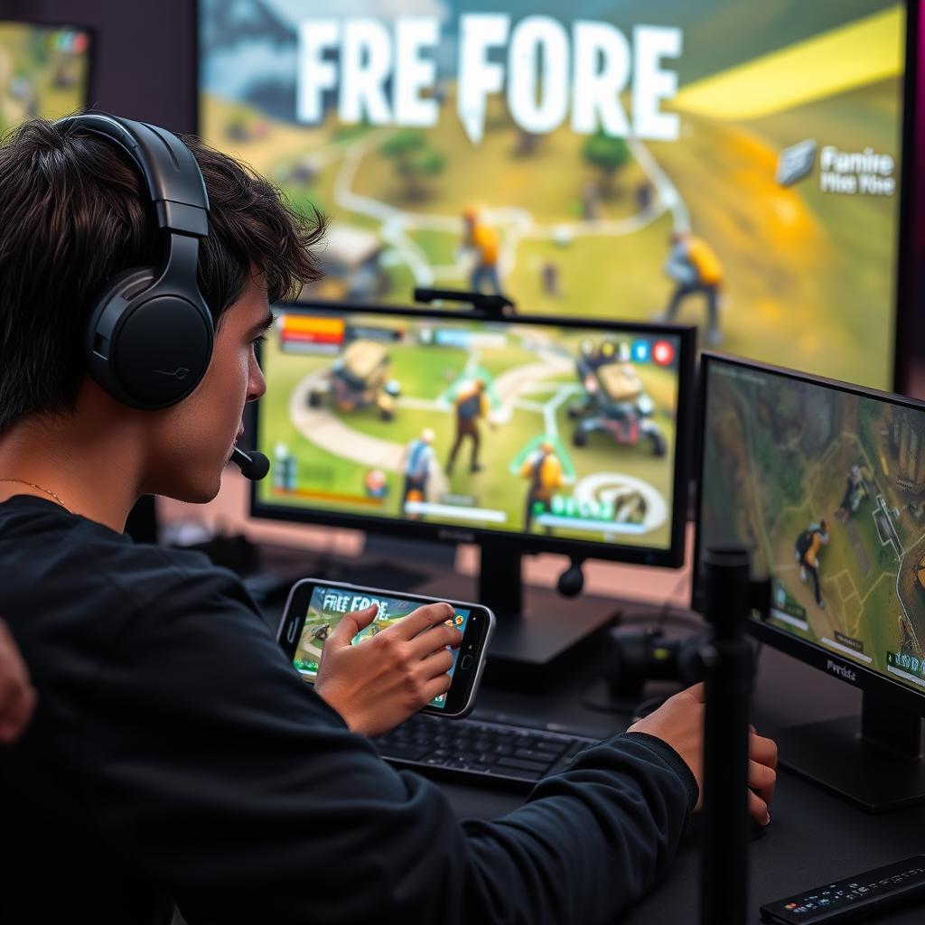Jugador de Free Fire practicando estrategias competitivas Jugador de Free Fire practicando estrategias competitivas