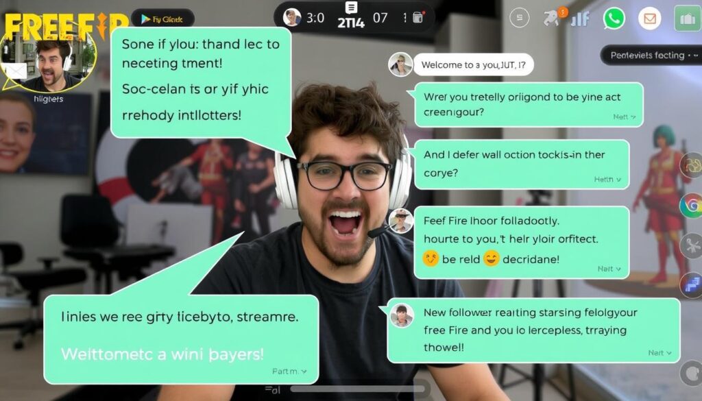 Streamer interactuando con su comunidad mientras juega Free Fire Streamer interactuando con su comunidad mientras juega Free Fire